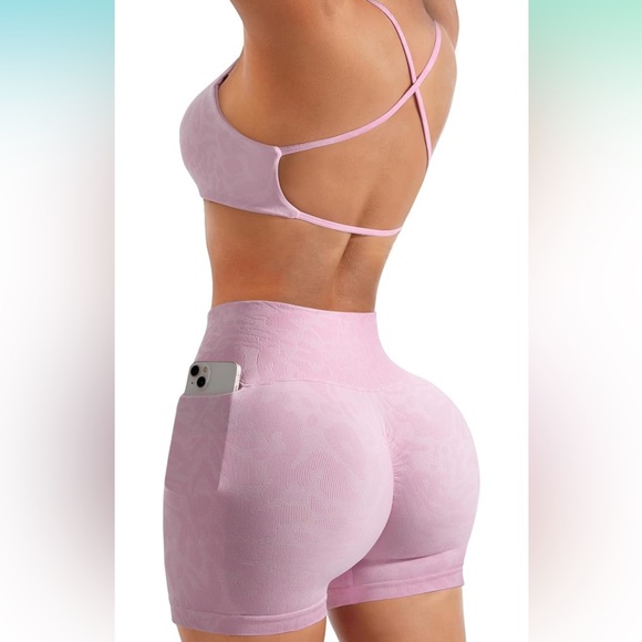 Pink Yoga workout gym bicycle short sports bra tank top set outfit squats sexy